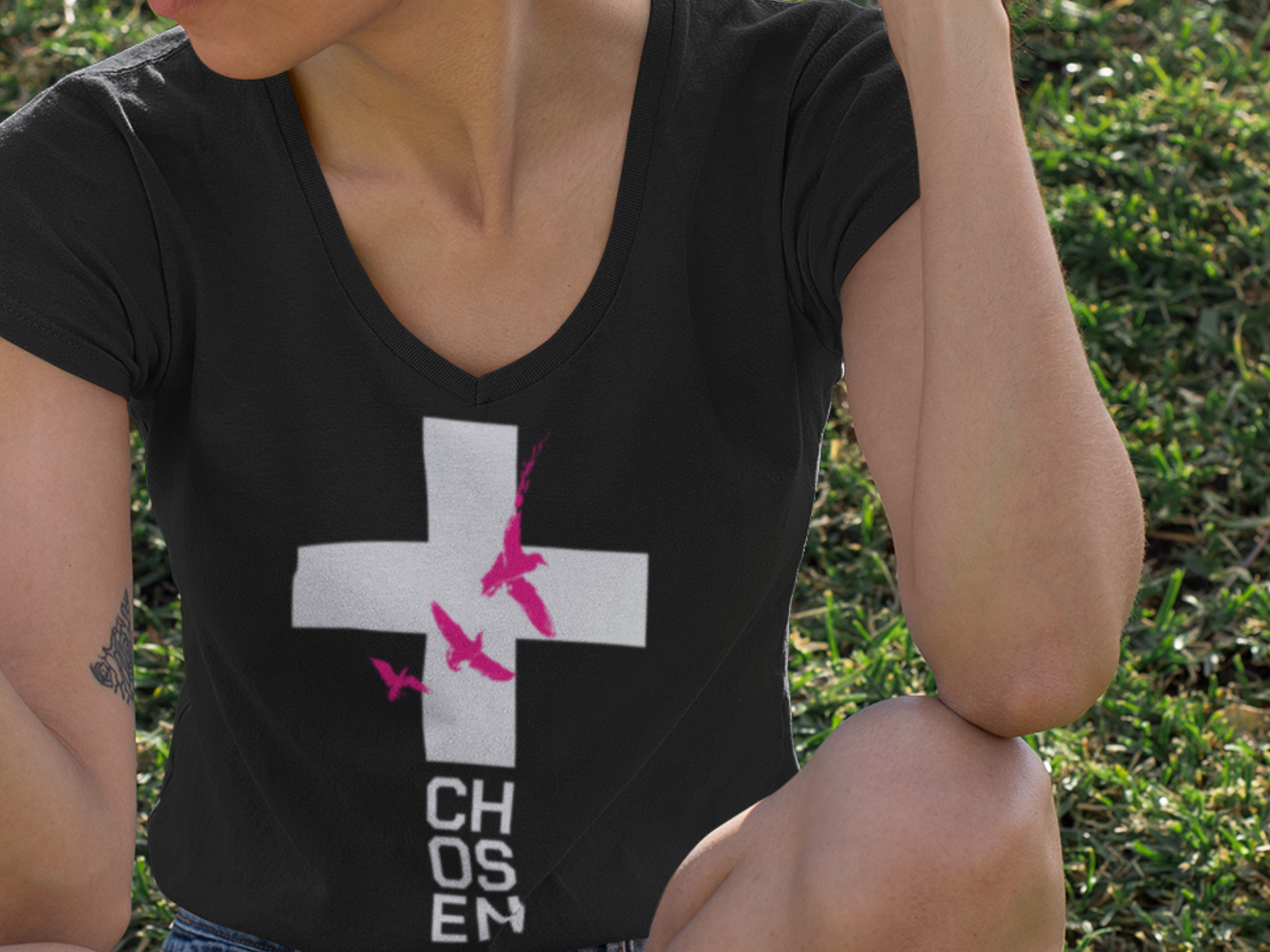 Women’s Chosen Cross V-neck t-shirt